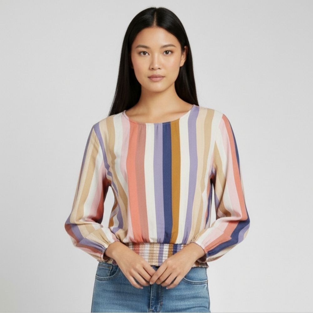 So Women's Striped Multicolor Smocked Long Sleeve Cropped Blouse Size Large 🐈